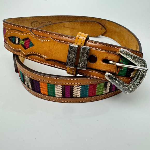 Nocona Belt Co Accessories - Vintage Nocona Leather Belt 33 Western Tooled Woven Inlay Silver Buckle colorful